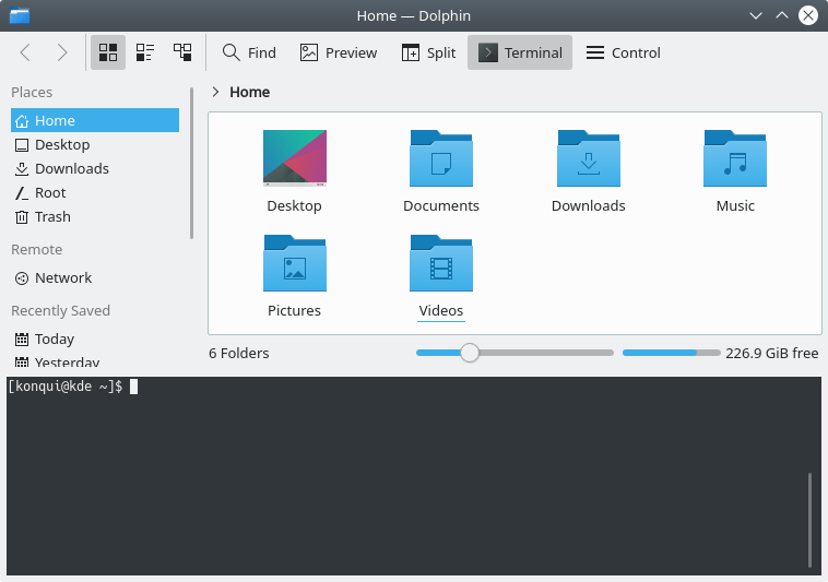 default view of Dolphin with Konsole widget open
